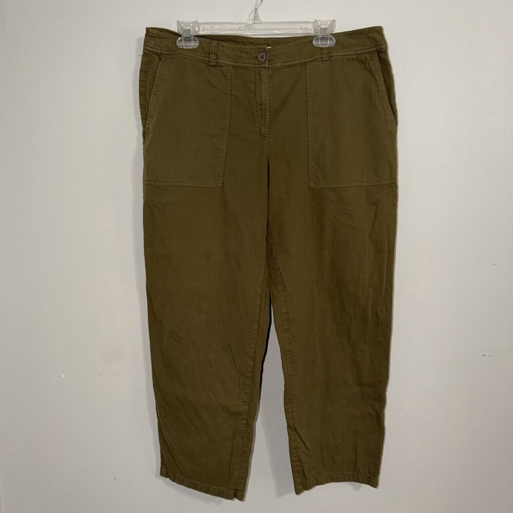 Eileen Fisher Pants Green Olive 100% Organic Cotton Cropped Wide Leg Size 14